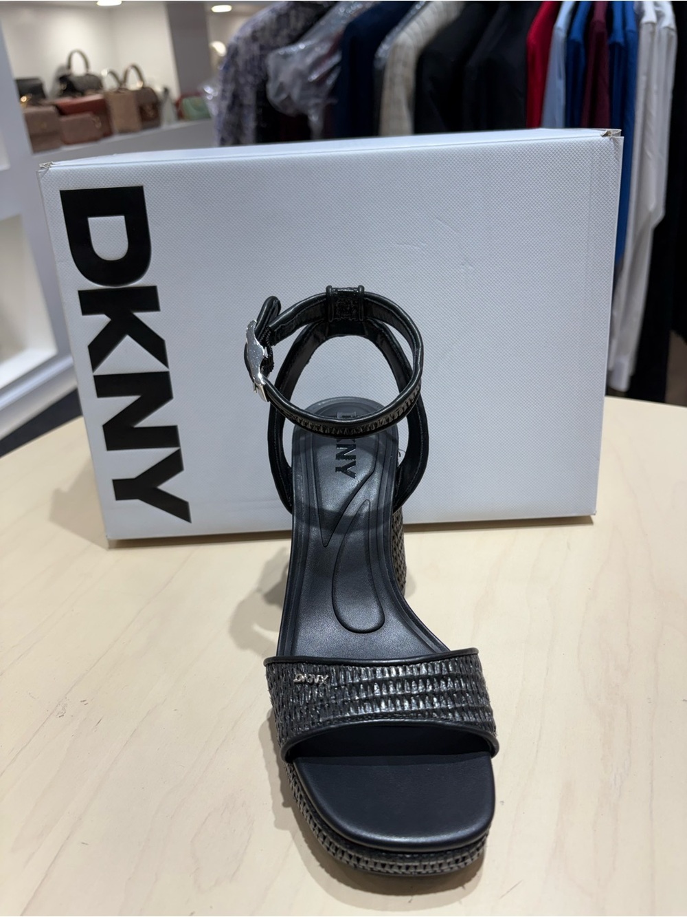 DKNY Black Textured Ankle-Strap Heel Sandals